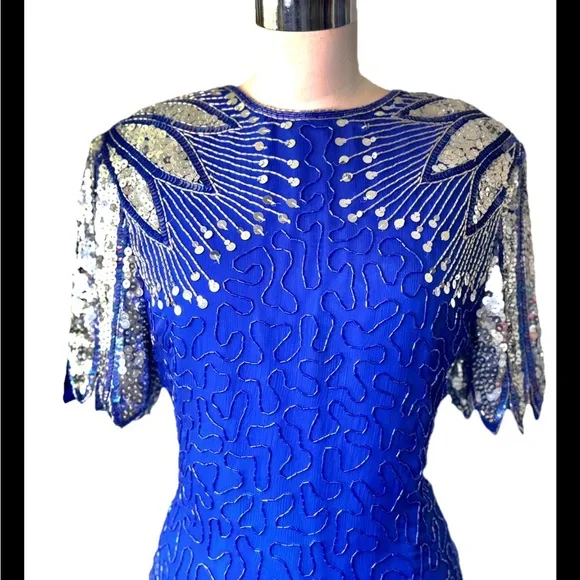 Laurence Kazar Vintage 80’s Blue Dress w/ Silver‎ Peacock Sequins and Open Back - Picture 8 of 10